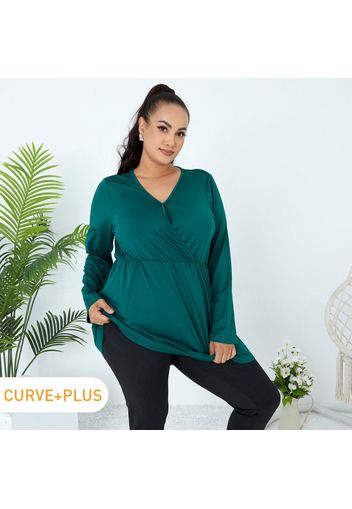 Women Plus Size Basics Surplice Neck Long-sleeve Dark Green T-shirt