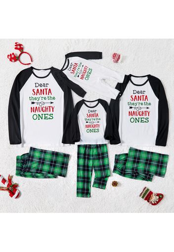 Christmas Letter Print Family Matching Raglan Long-sleeve Green Plaid Pajamas Sets (Flame Resistant)