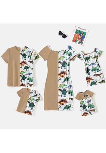 Family Matching Allover Dinosaur Print & Solid Spliced Short-sleeve Slim Fit Dresses and T-shirts Sets