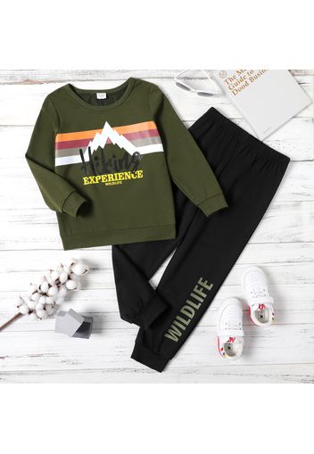 2-piece Kid Boy Letter Print Striped Pullover Sweatshirt and Elasticized Black Pants Set