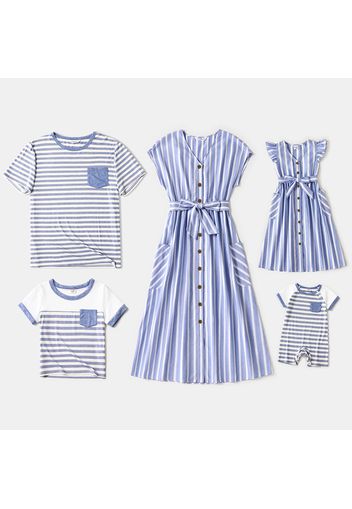 Family Matching Blue Striped V Neck Drop Shoulder Button Up Belted Dresses and Short-sleeve T-shirts Sets