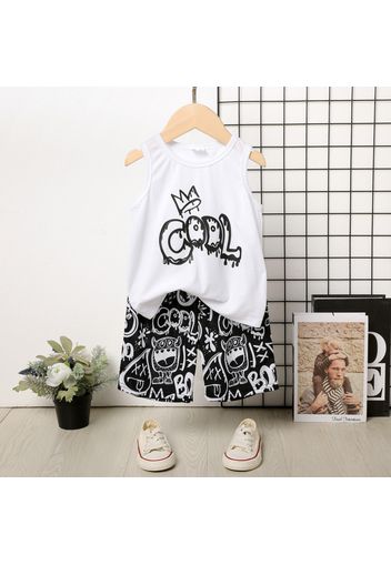 2pcs Toddler Boy Painting Print Sleeveless White Tee and Allover Print Set