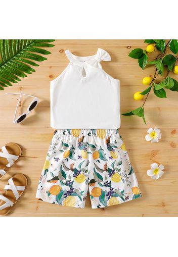 2pcs Kid Girl Bowknot Design Halter Camisole and Lemon Print Shorts Set