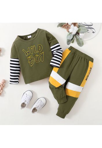 2-piece Toddler Boy Letter Print Striped Pullover Sweatshirt and Colorblock Pants Set