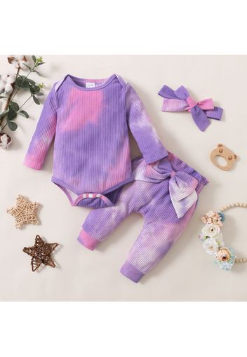 3pcs Baby Tie Dye Cotton Ribbed Long-sleeve Romper and Bowknot Trousers Set