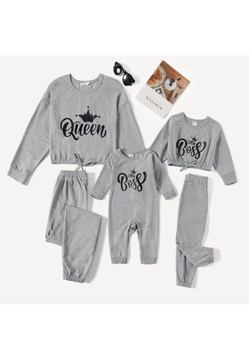 Letter Print Grey Long-sleeve Sweatshirt and Pants Sets for Mom and Me