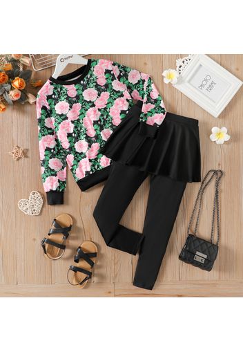 2pcs Kid Floral Print Pullover Sweatshirt and Black Skirt Leggings Set