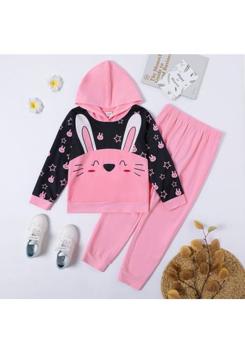 2-piece Kid Girl Animal Rabbit Stars Print Hoodie Sweatshirt and Pink Pants Set