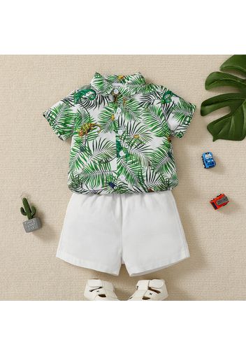 2pcs Baby Boy All Over Palm Leaf Print Short-sleeve Button Up Shirt and Solid Shorts Set