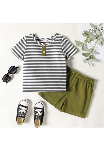 2-piece Toddler Boy Stripe Botton Design Short-sleeve Tee and Elasticized Army Green Shorts Set