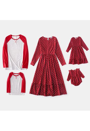 Family Matching Red Polka Dots Long-sleeve Midi Dresses and Raglan-sleeve T-shirts Sets