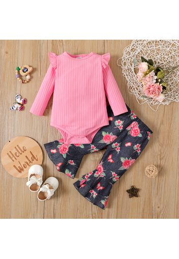 2pcs Baby Girl Hot Pink Ribbed Long-sleeve Romper and All Over Floral Print Layered Bell Bottom Pants Set