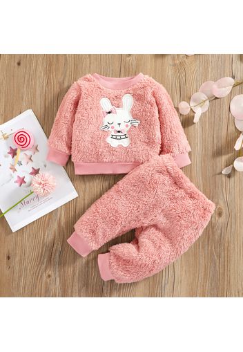 2pcs Baby Cartoon Rabbit Pink Fuzzy Fleece Long-sleeve Pullover and Trousers Set