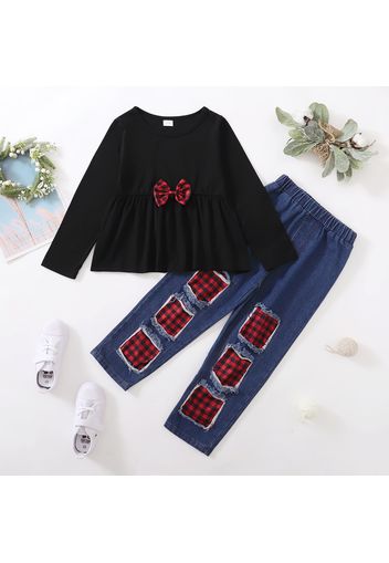 2-piece Kid Girl Bowknot Design Long-sleeve Top and Plaid Patchwork Ripped Denim Jeans Set