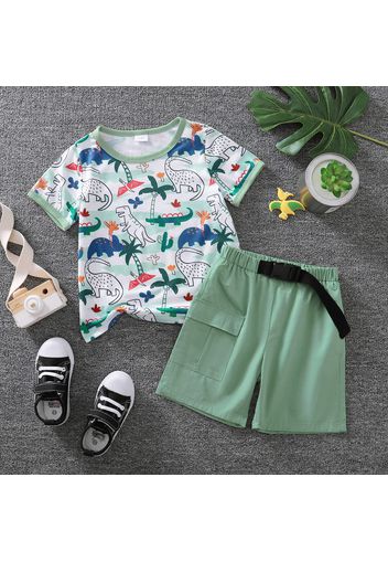 2pcs Toddler Boy Playful Dinosaur Print Tee and Belted Pocket Design Shorts Set