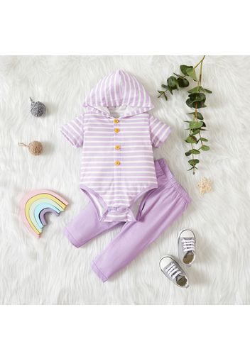 100% Cotton 2pcs Stripe Short-sleeve Hooded Romper Pants Baby Set