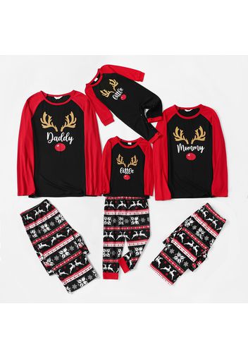 Christmas Antlers and Letter Print Family Matching Red Raglan Long-sleeve Pajamas Sets (Flame Resistant)