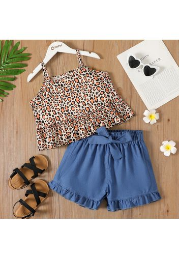 2-piece Kid Girl Leopard Print Ruffle Hem Cami and Bowknot Design Denim Paperbag Shorts Set