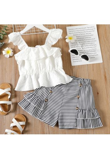 2pcs Kid Girl Ruffled Textured White Camisole and Stripe Layered Shorts Set