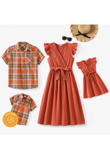 Family Matching 100% Cotton Crepe Solid V Neck Flutter Sleeve Dresses and Short-sleeve Plaid Shirts Sets