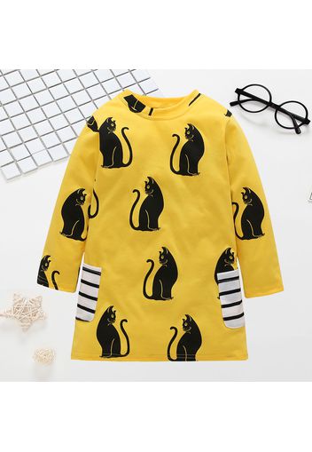 Cute Cat Print Striped Pockets Long-sleeve Dress for Toddler Girl