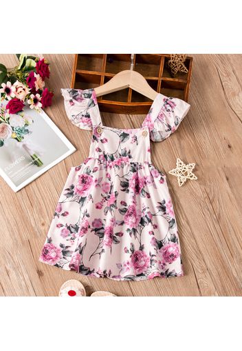 Toddler Girl Ruffled Floral Print Button Design Overall Dress