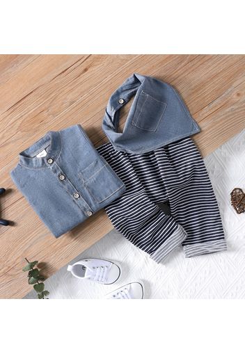 3pcs Baby Boy Blue Long-sleeve Shirt with Striped Trousers and Bib Set