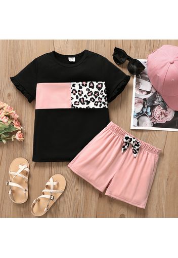 2pcs Kid Girl Leopard Print Colorblock Short-sleeve Tee and Bowknot Design Pink Shorts Set