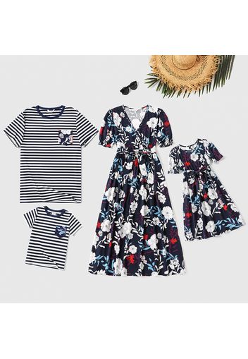 Family Matching All Over Floral Print Blue V-neck Puff-sleeve Dresses and Striped T-shirts Sets