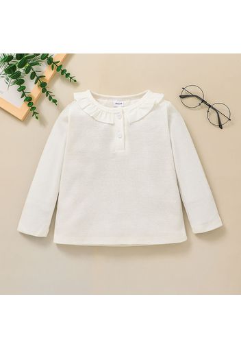 Toddler Girl Ruffled Button Design Solid Color Long-sleeve Tee