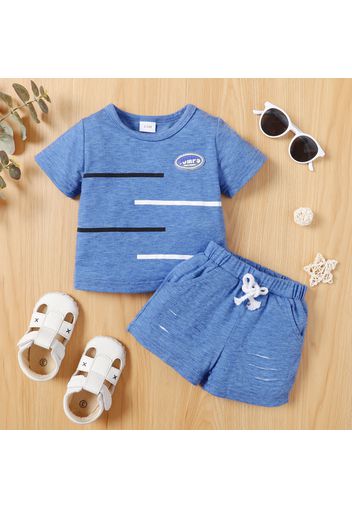 2pcs Baby Boy Letter Patch Design Short-sleeve T-shirt and Ripped Shorts Set