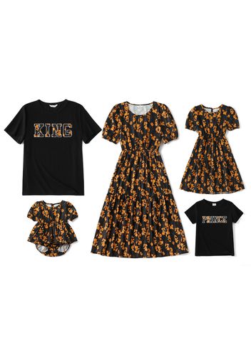 Family Matching Floral Print Black Short Puff Sleeve Dresses and Letter Embroidered T-shirts Sets