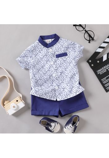 2pcs Baby Boy All Over Letter Print Short-sleeve Button Up Shirt and Solid Shorts Set