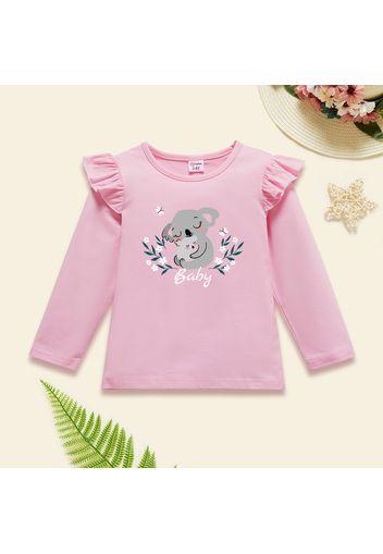 Toddler Girl Graphic Koala and Floral and Letter Print Ruffled Long-sleeve Tee