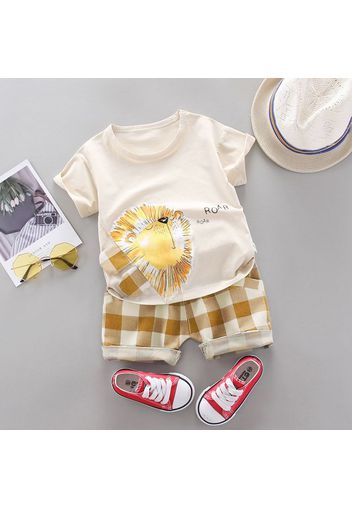 2pcs Toddler Boy Playfyl Lion Letter Print Tee and Plaid Shorts Set