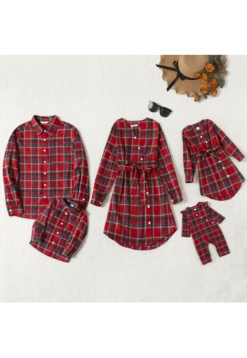 Family Matching Red Plaid Cross Wrap V Neck Long-sleeve Belted Dresses and Shirts Sets