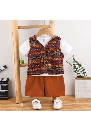 3-Pack Toddler Boy Trendy Pocket Design Tee and Geo Print Vest and Shorts Set