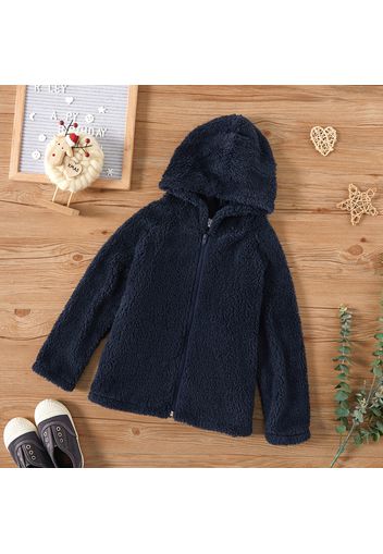 Kid Boy/Kid Girl Zipper Solid Fuzzy Hooded Jacket