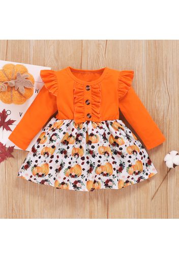 Halloween Pumpkin Print Long-sleeve Ruffle Baby Dress