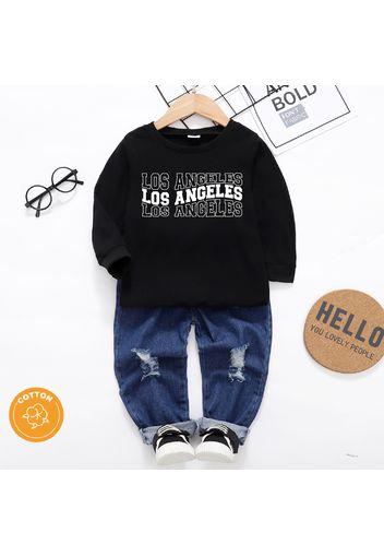 2pcs Toddler Boy City Letter Print Long-sleeve Black Cotton Tee and Ripped Denim Jeans Set