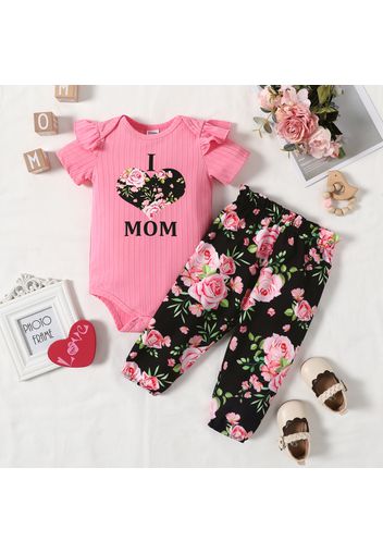 2pcs Baby Girl Love Heart Letter Print Ribbed Ruffle Short-sleeve Romper and Floral Print Trousers Set