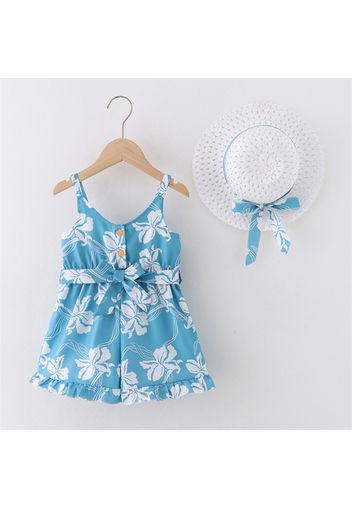 2pcs Baby Girl Allover Leaf Print Sleeveless Spaghetti Strap Belted Romper with Hat Set