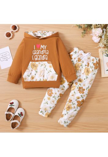 2-piece Toddler Girl Letter Floral Print Hoodie and Pants Set