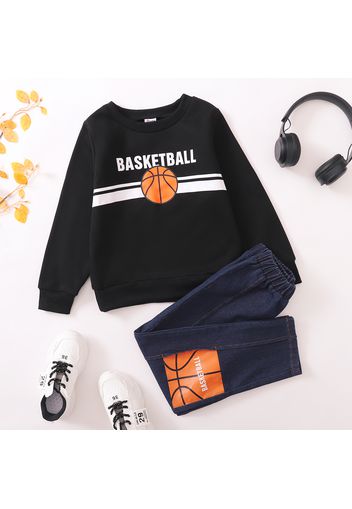 2-piece Kid Boy Letter Basketball Print Pullover Sweatshirt and Denim Jeans Set