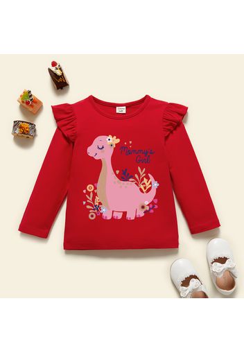 Toddler Girl Graphics Dinosaur and Plant and Letter Print Ruffled Long-sleeve Tee