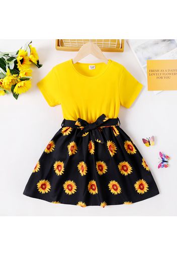 Kid Girl Floral Sunflower Print Splice Belted Short-sleeve Dress