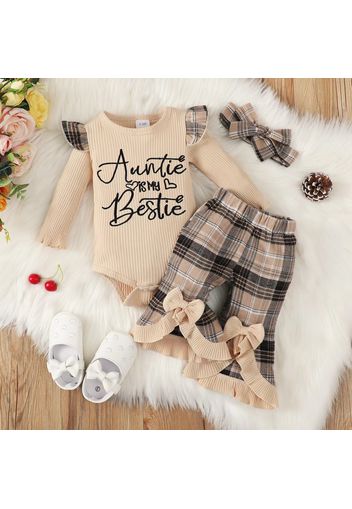 3pcs Baby Girl Letter Embroidered Long-sleeve Rib Knit Romper and Ruffle Trim Bow Front Plaid Flared Pants with Headband Set