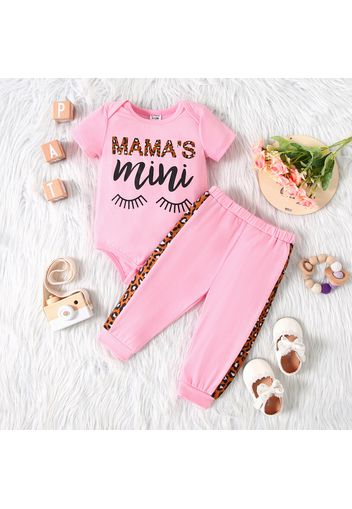 2pcs Baby Girl Eyelash and Letter Print Pink Short-sleeve Romper with Leopard Splicing Trousers Set