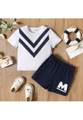 2-piece Toddler Boy Chevron Stripes White Tee and Letter Print Dark Blue Shorts Set