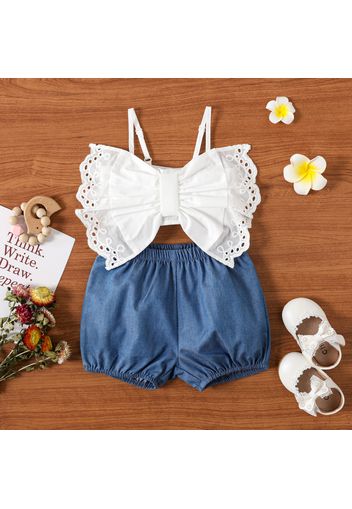 2pcs Baby Girl Spaghetti Strap Hollow Out Bowknot Crop Top and Imitation Denim Shorts Set